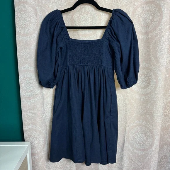Abercrombie & Fitch NWT Navy Blue Smocked Puff Sleeve Linen Cotton Mini Dress XS - Picture 2 of 7